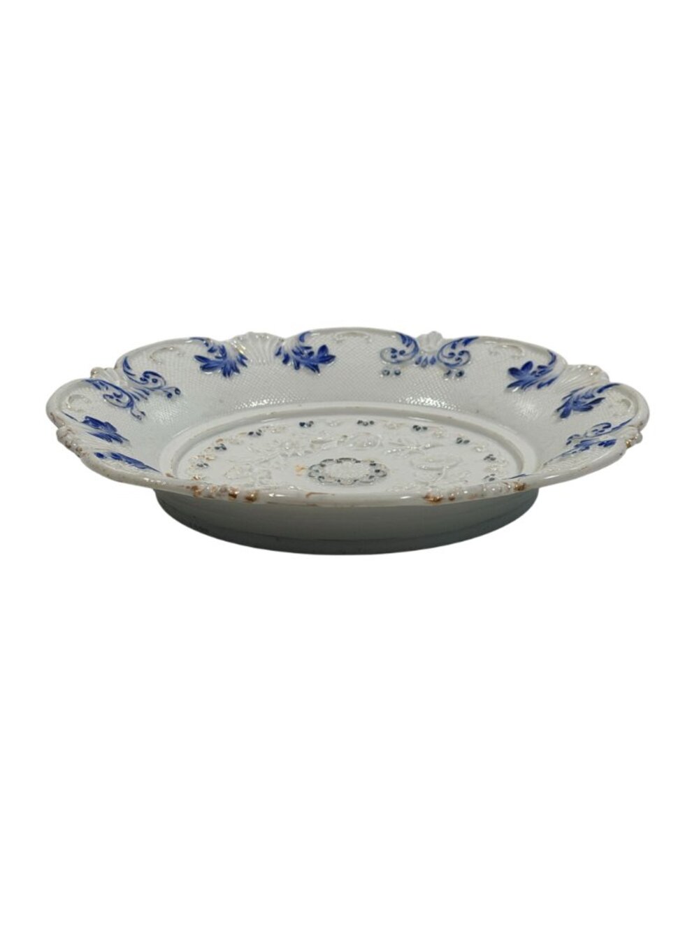 Antique German White Blue on White Relief Floral Bowl Embossed Scalloped Edges - Picture 3 of 5